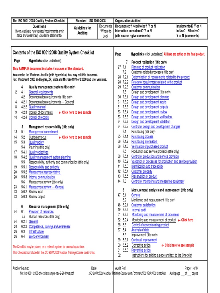 Iso 9001 2008 Checklist Sample Rev 2-20-09us | PDF | Iso 9000 | Quality ...