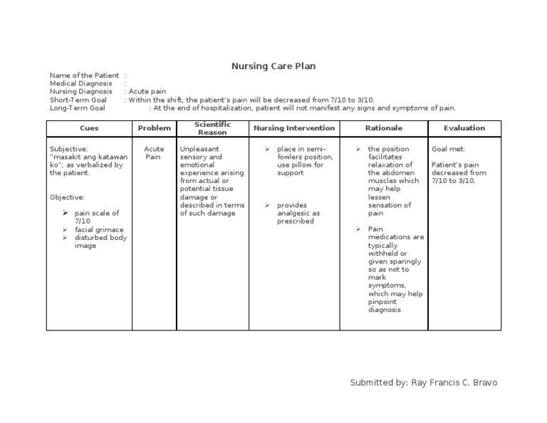 Nursing Care Plan for Acute Pain Management | PDF | Pain | Nervous System