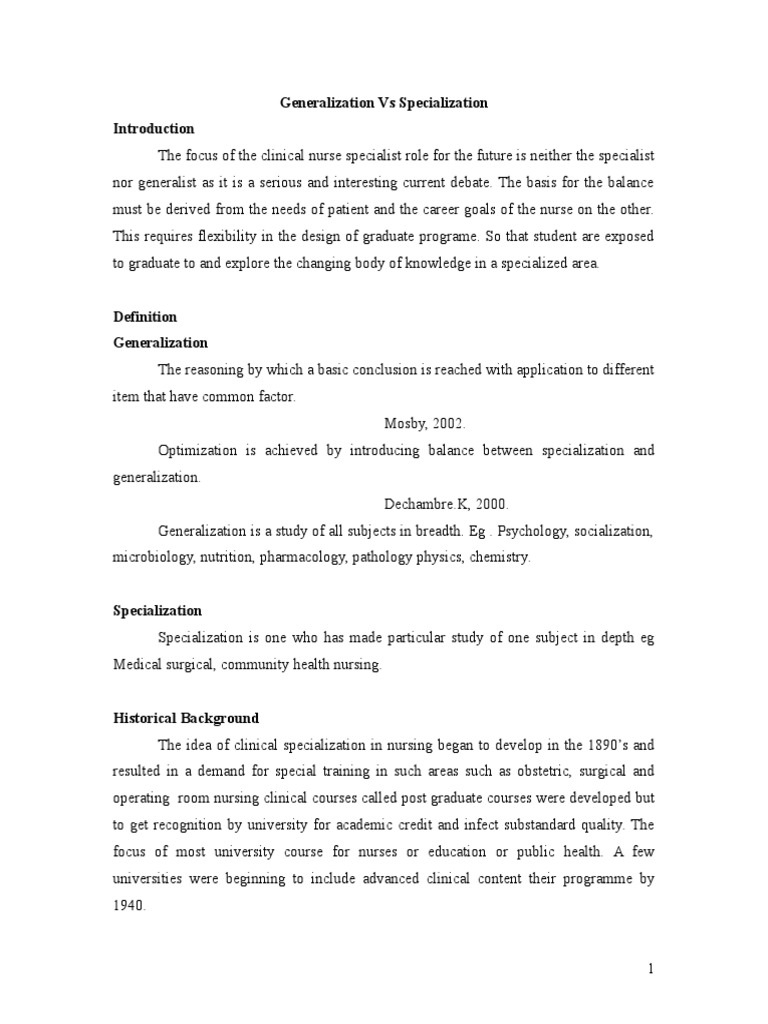 Generalization & Specializatiionm PDF Specialty (Medicine) Nursing