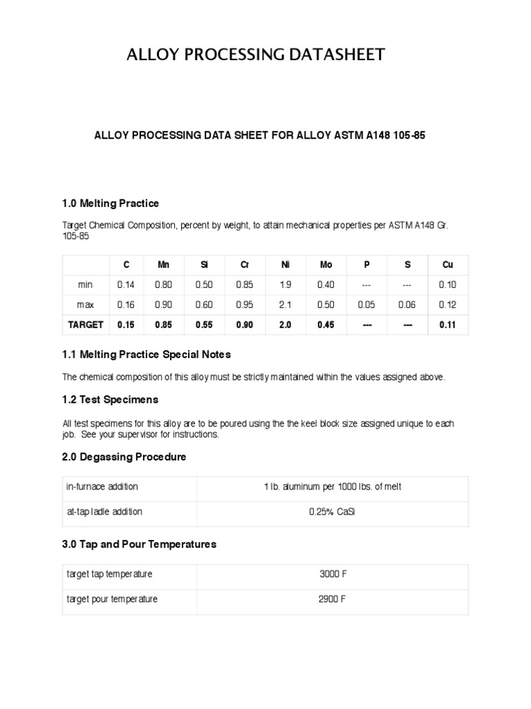 Alloy Process Data Sheet - 105-85 | PDF | Heat Treating | Casting ...