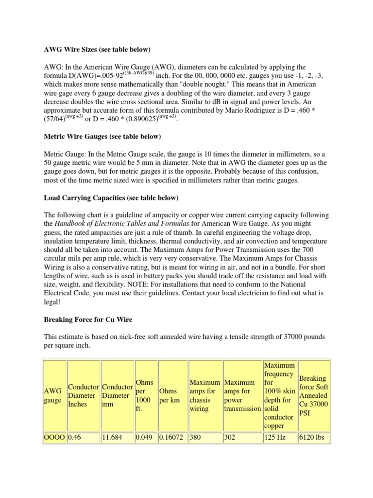 AWG Wire Size and Specifications Guide | PDF | Electrical Engineering ...