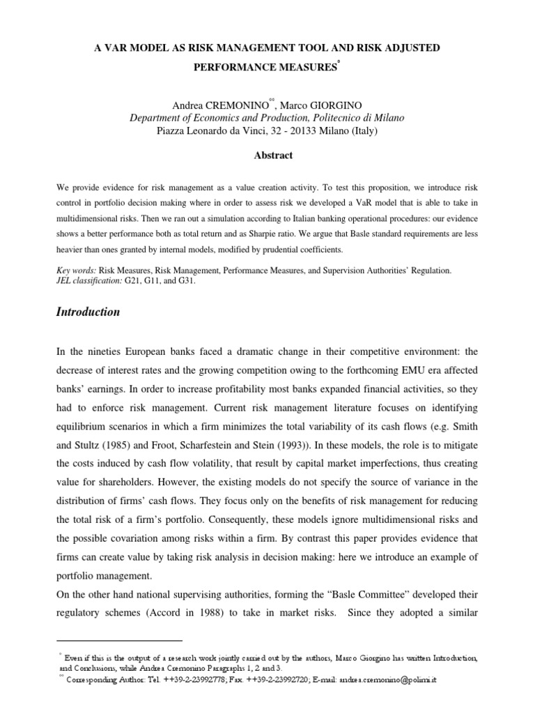 A VAR Model As Risk Management Tool | PDF | Value At Risk | Volatility ...