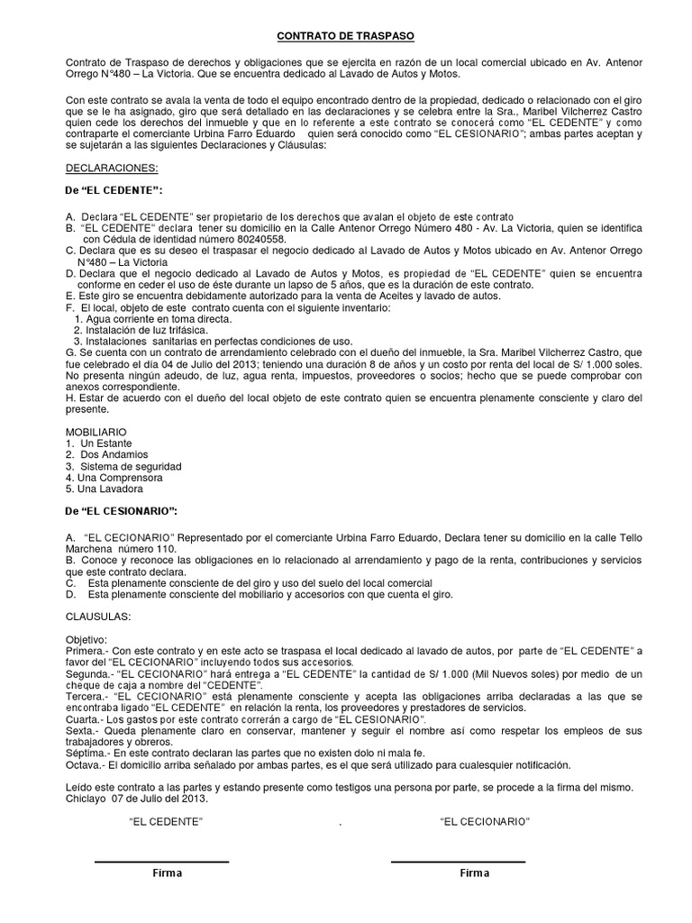 Contrato de Traspaso  Propiedad