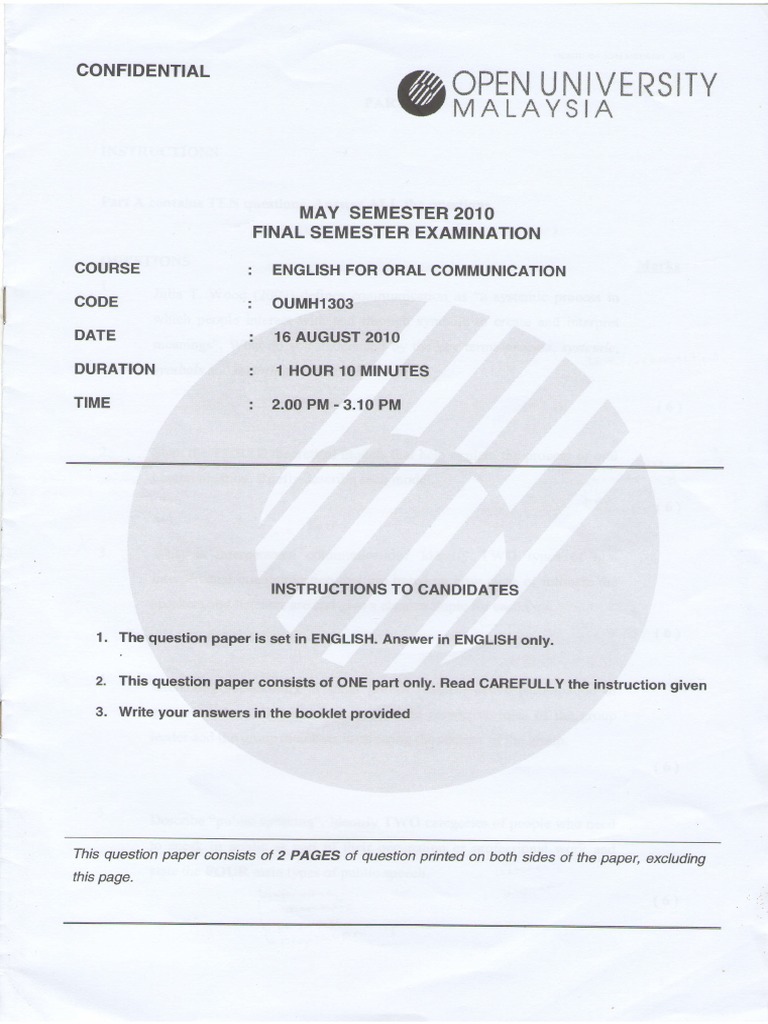 English For Oral Communication Final Exam Semester Mei 2010 PDF