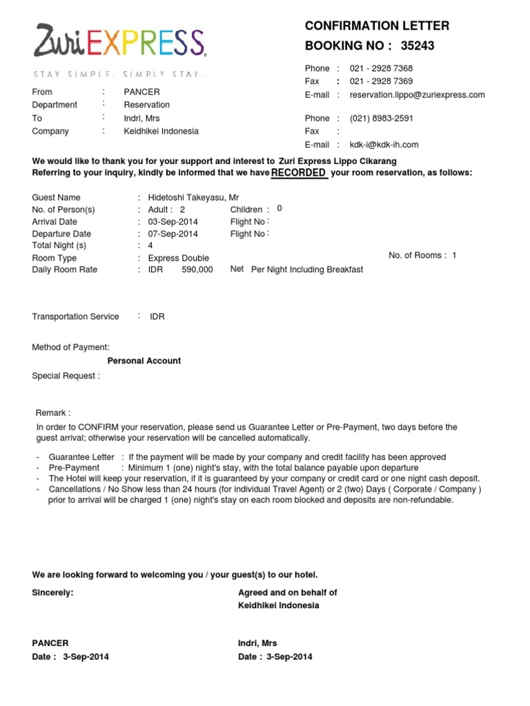 Hotel Booking Confirmation Letter | PDF | Business | Finance & Money ...