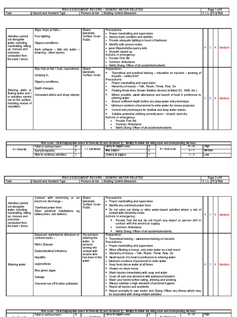 Risk Assessment Record Generic WaterRelated 4 Medium PDF Underwater Diving Scuba Diving