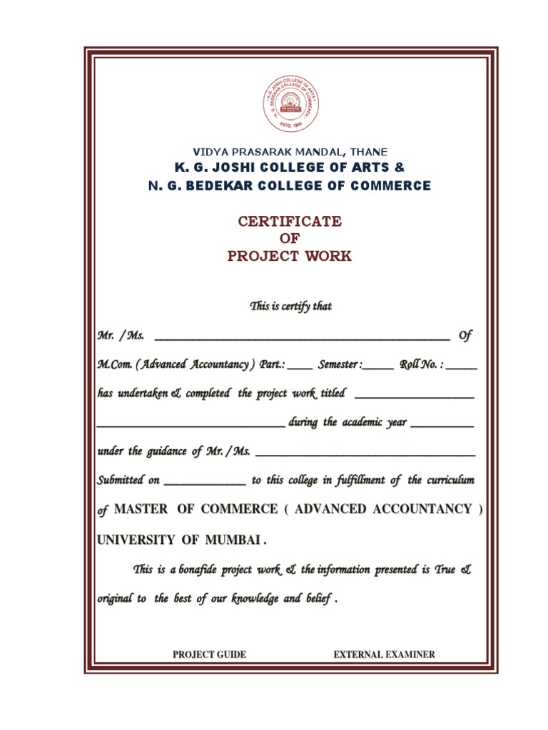 Project Work Certificate - K.G. Joshi College | PDF