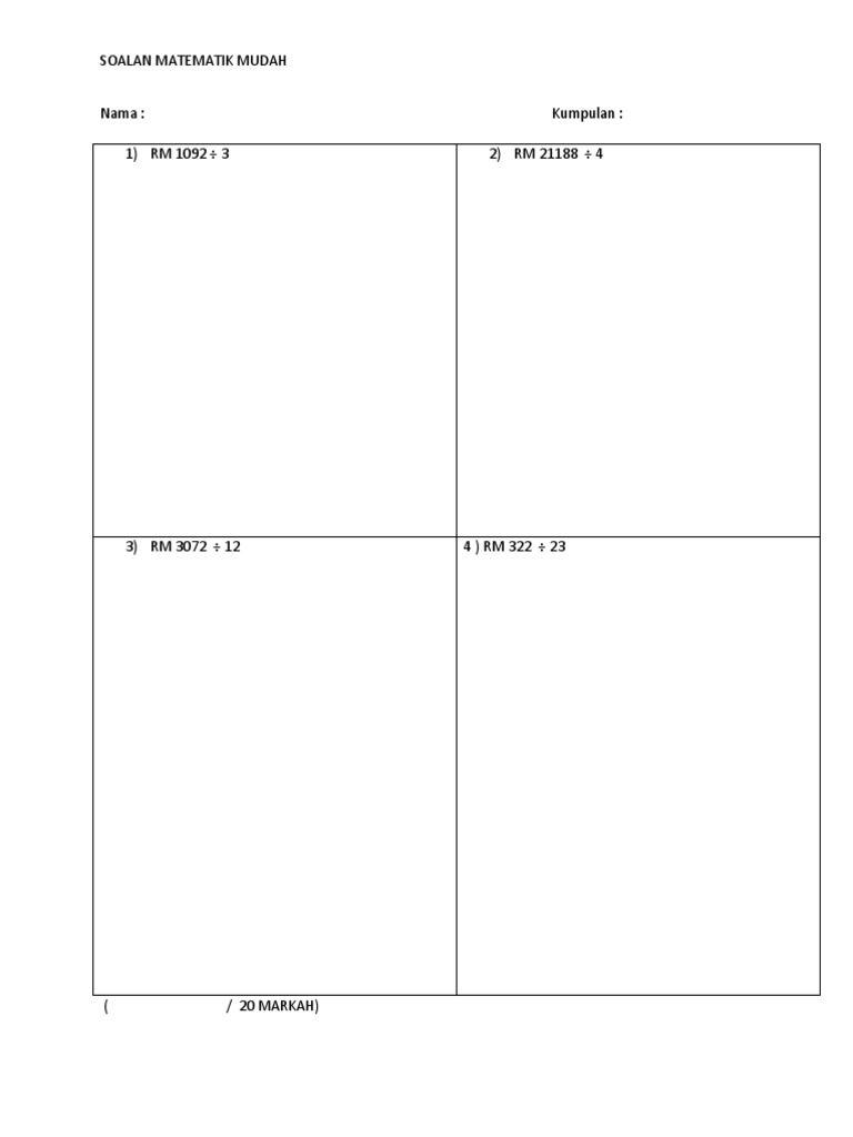 Soalan Matematik Mudah untuk Pelajar | PDF