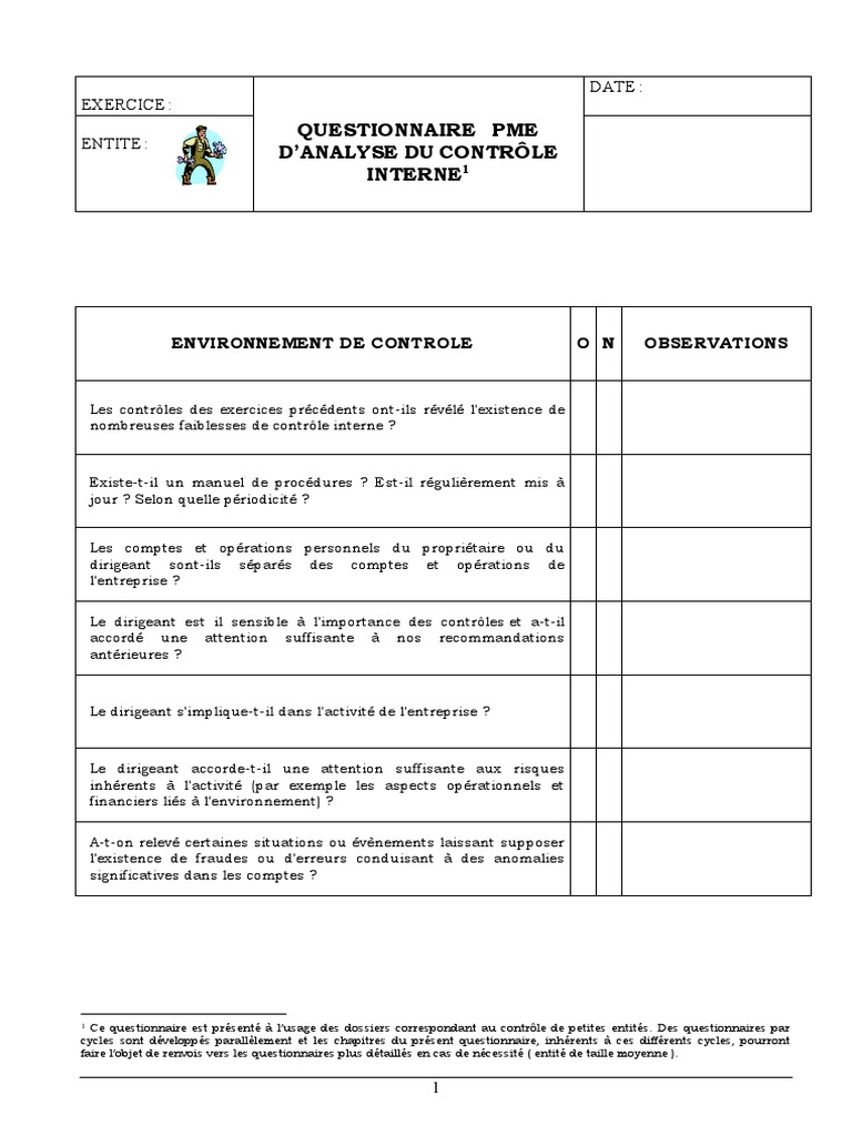 Questionnaire Pme Analyse Controle Interne  Immobilisations  Comptabilité