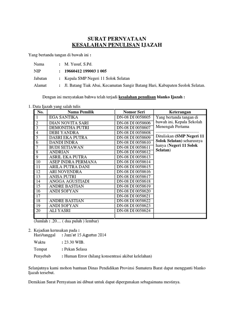 Surat Pernyataan Kesalahan Menulis Ijazah