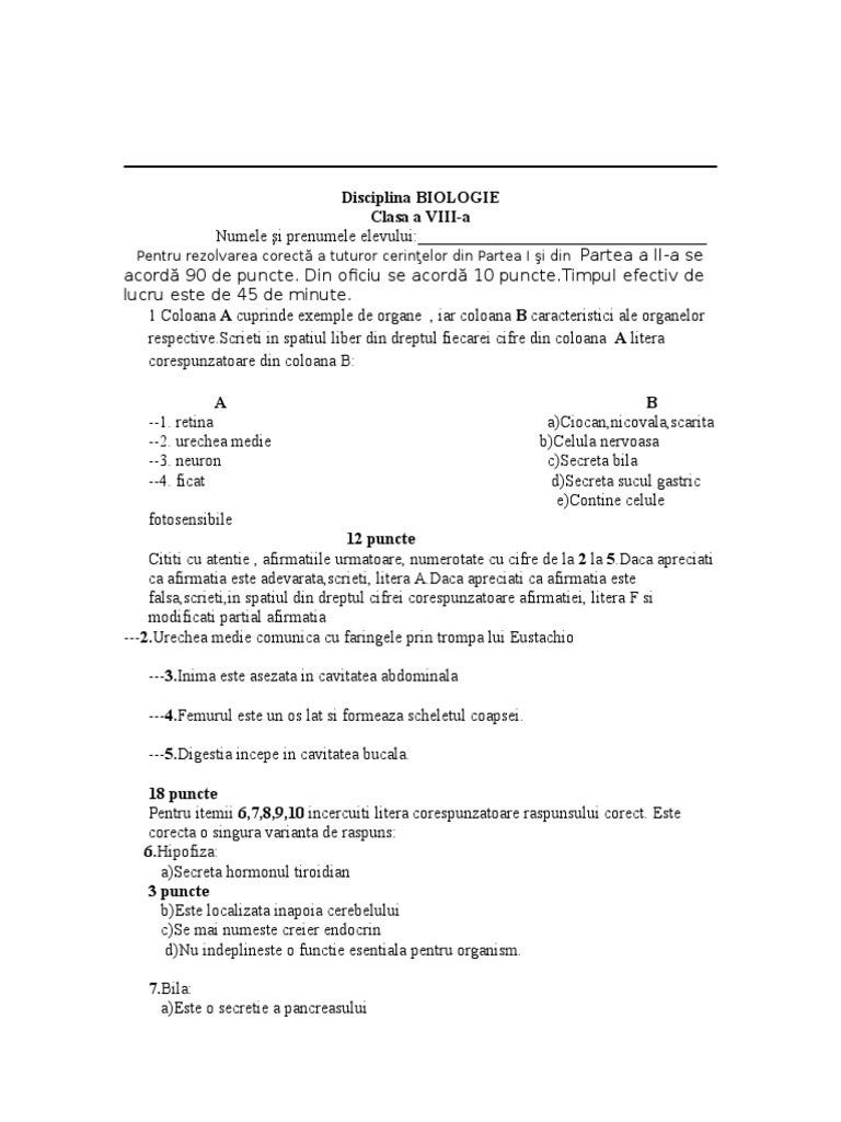 Test Initial Clasa a Viii-A biologie