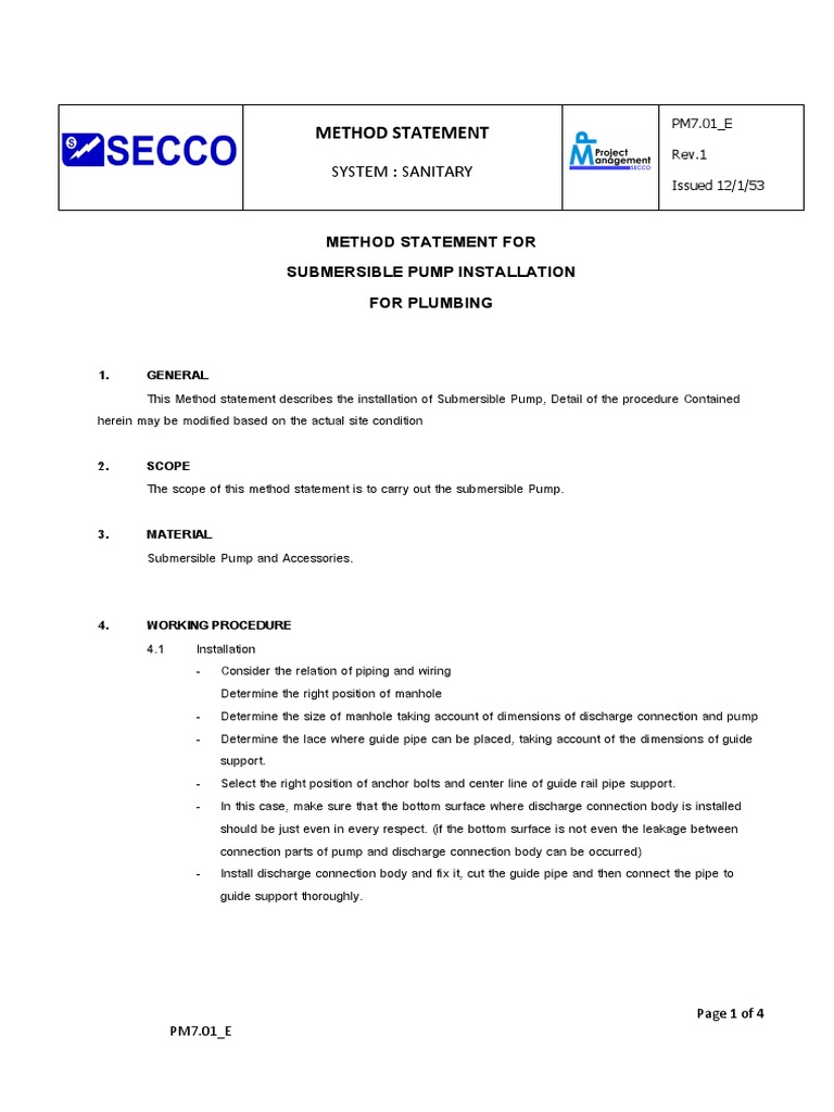 Method Statement Risk Assessment For Pump Installation 2 PDF Pipe
