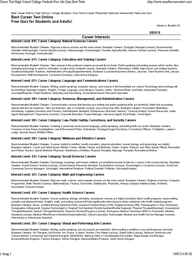 Career Tests for Students | PDF | Secondary School | Social Science