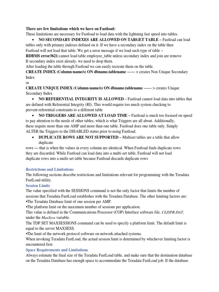 Teradata FastLoad Limitations and Usage | PDF | Database Index | Table ...