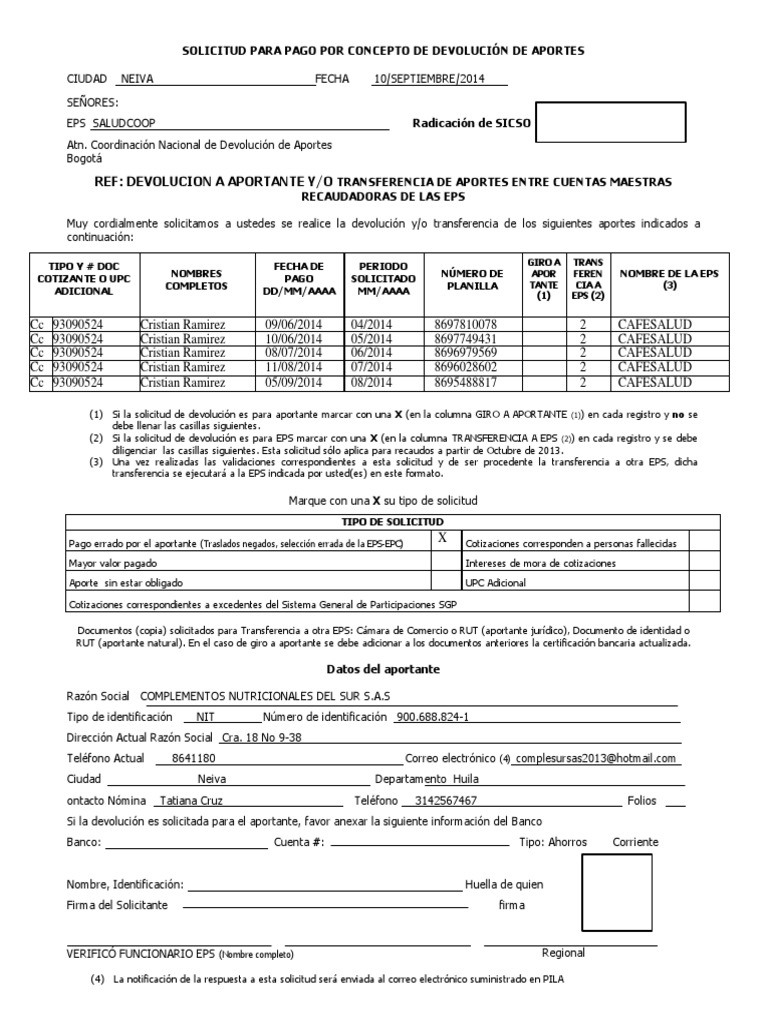 Solicitud Pago Devolucion Aportes Bancos Correo