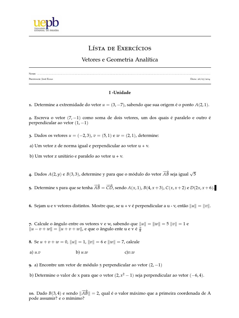 Lista de Exercícios (Vetores) | PDF | Vetor euclidiano | Triângulo
