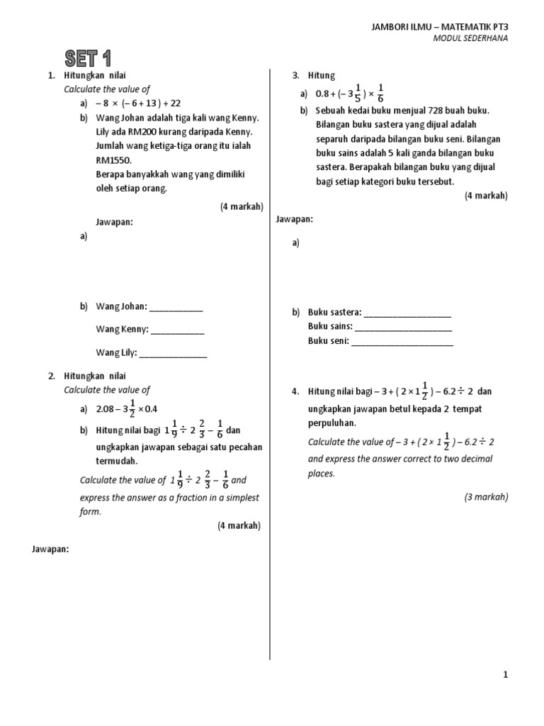 Contoh Set Soalan Matematik Pt3  JermaineafePierce