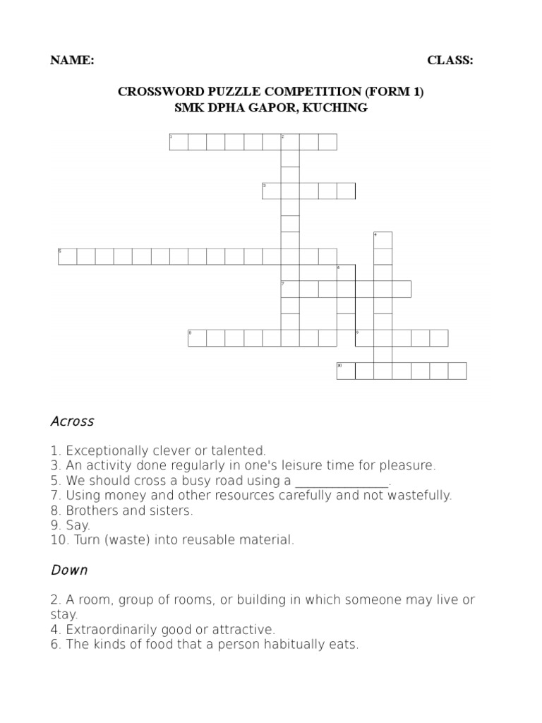 Name: Class: Crossword Puzzle Competition (Form 1) SMK Dpha Gapor ...