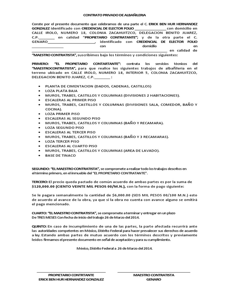 Contrato Privado de Albañileria | PDF