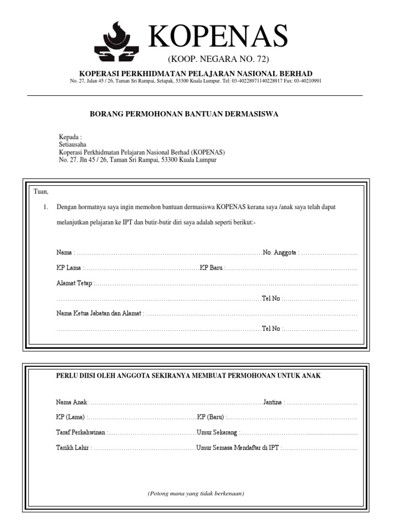 Borang Bantuan Dermasiswa Kopenas Pdf
