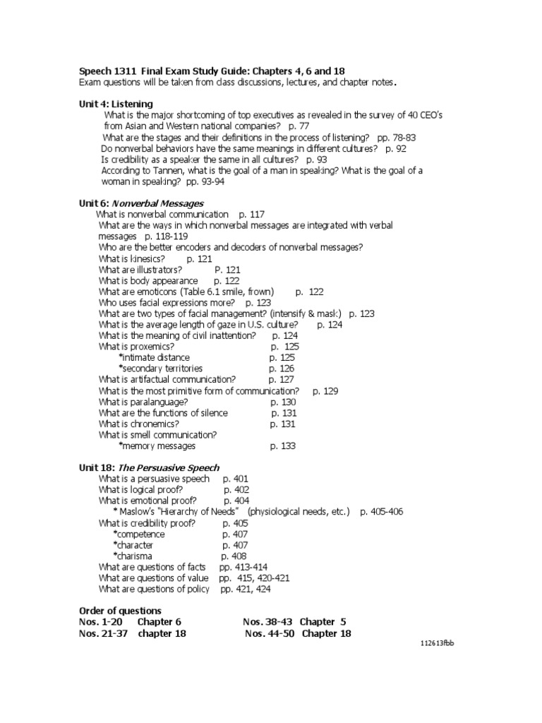 Speech Final Exam Study Guide Units 4,6, 18 PDF Nonverbal
