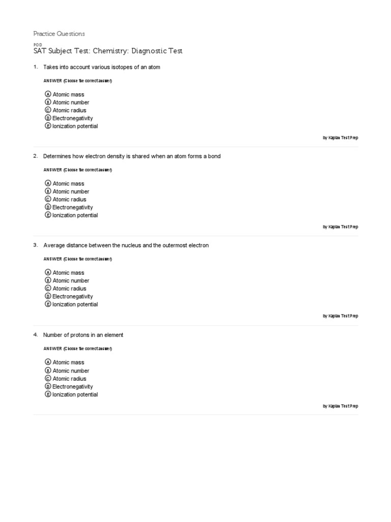 SAT Subject Test - Chemistry - Diagnostic Test - Learningpod | PDF ...