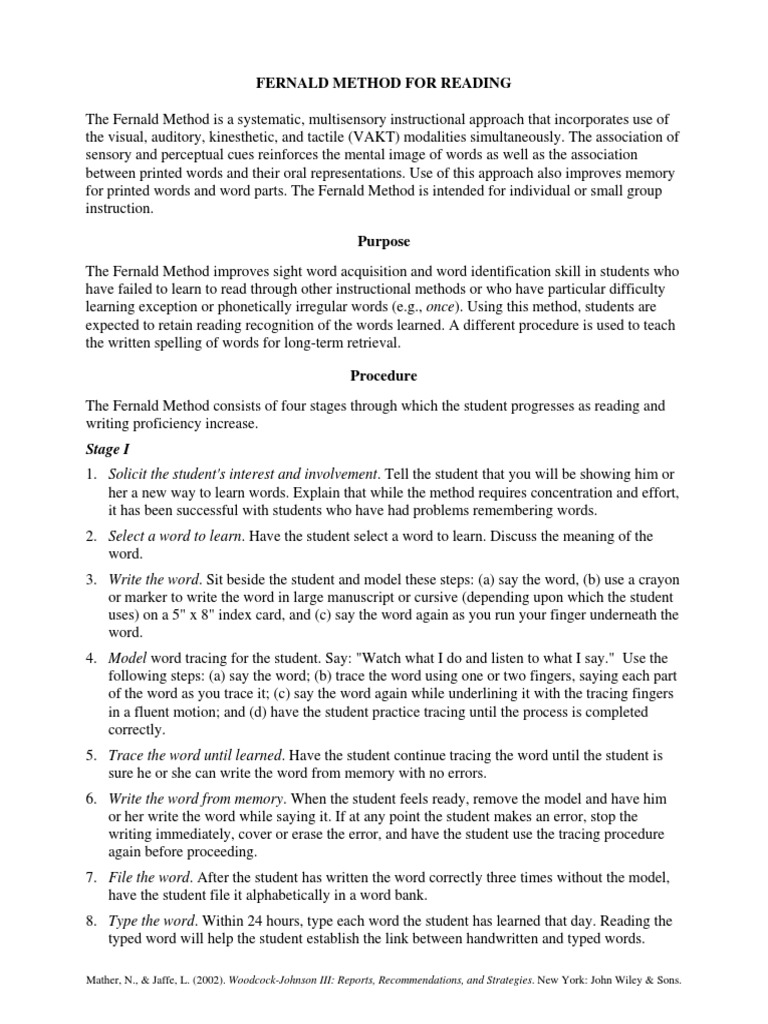 Fernald Method For Reading | PDF | Reading (Process) | Perception