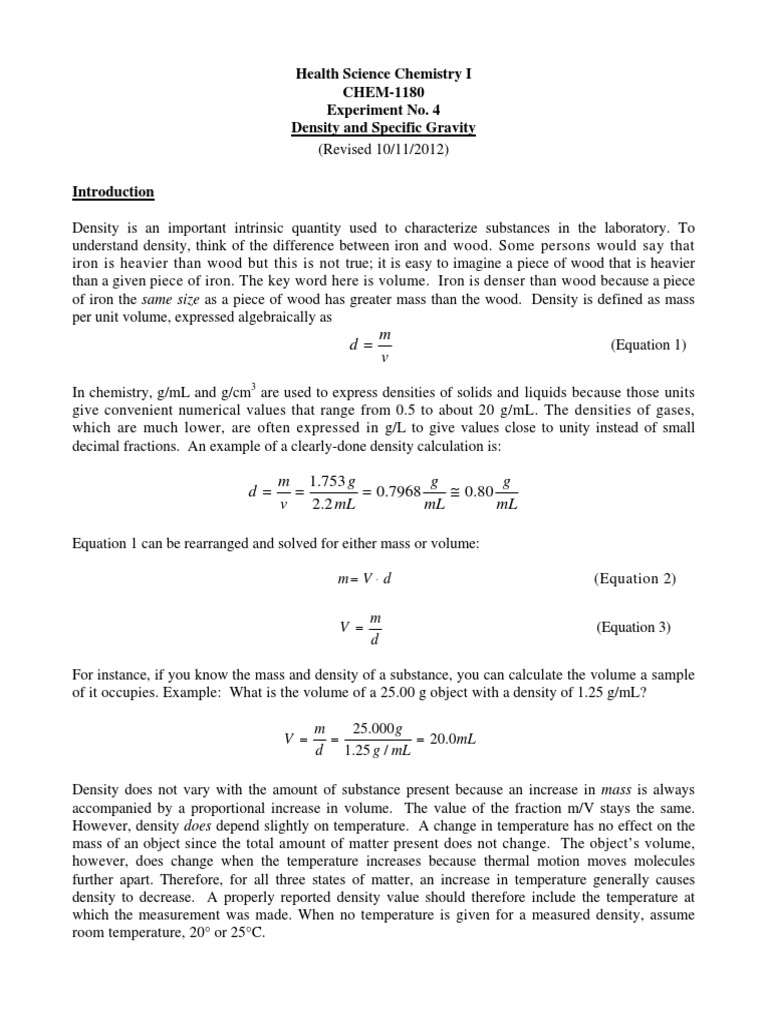 1180 Exp 04, Density and Specific Gravity | PDF | Density | Weighing Scale