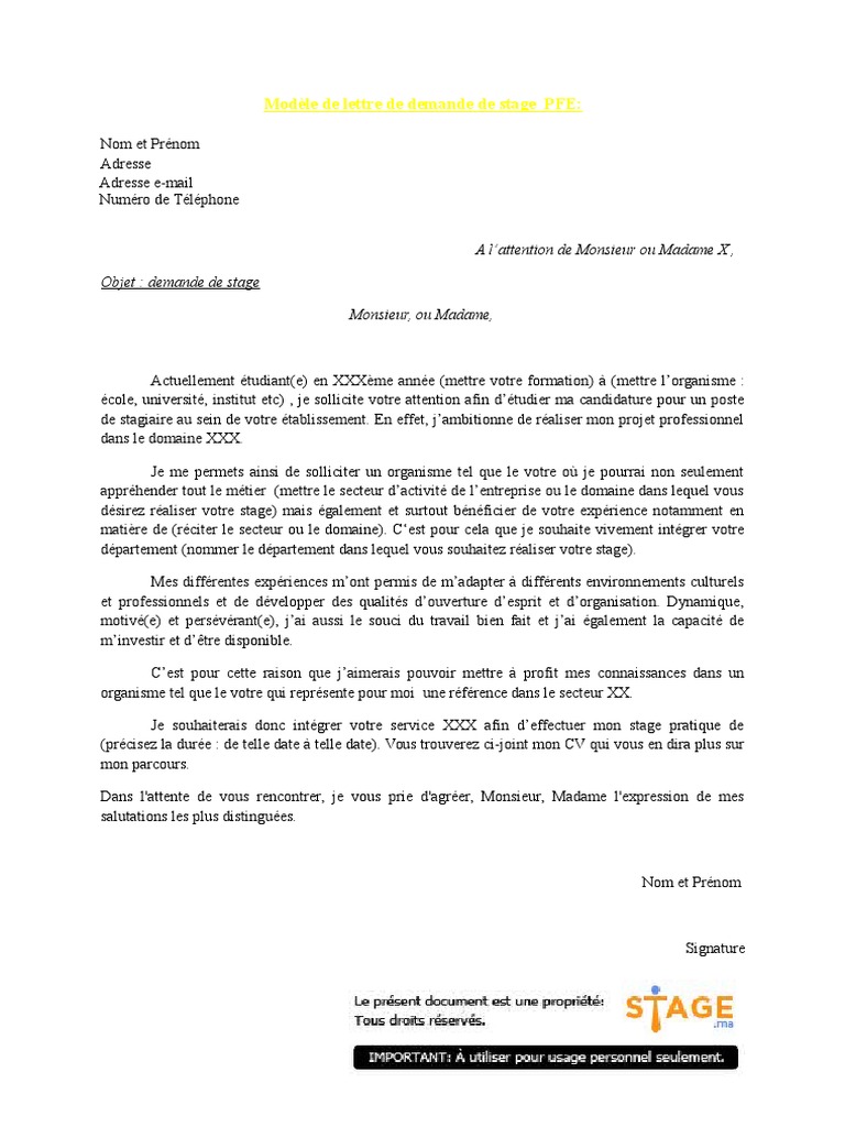 Modele Lettre De Demande De Stage Pfe Pdf