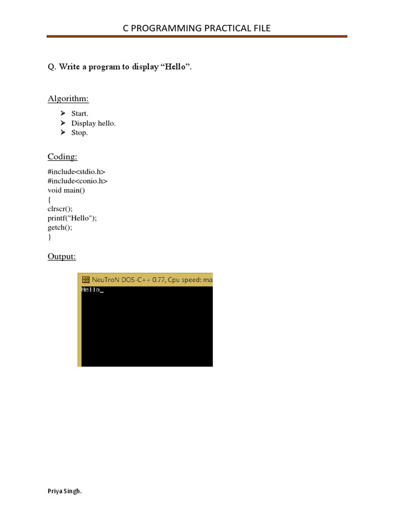 C Programming Practical File: Q. Write A Program To Display 