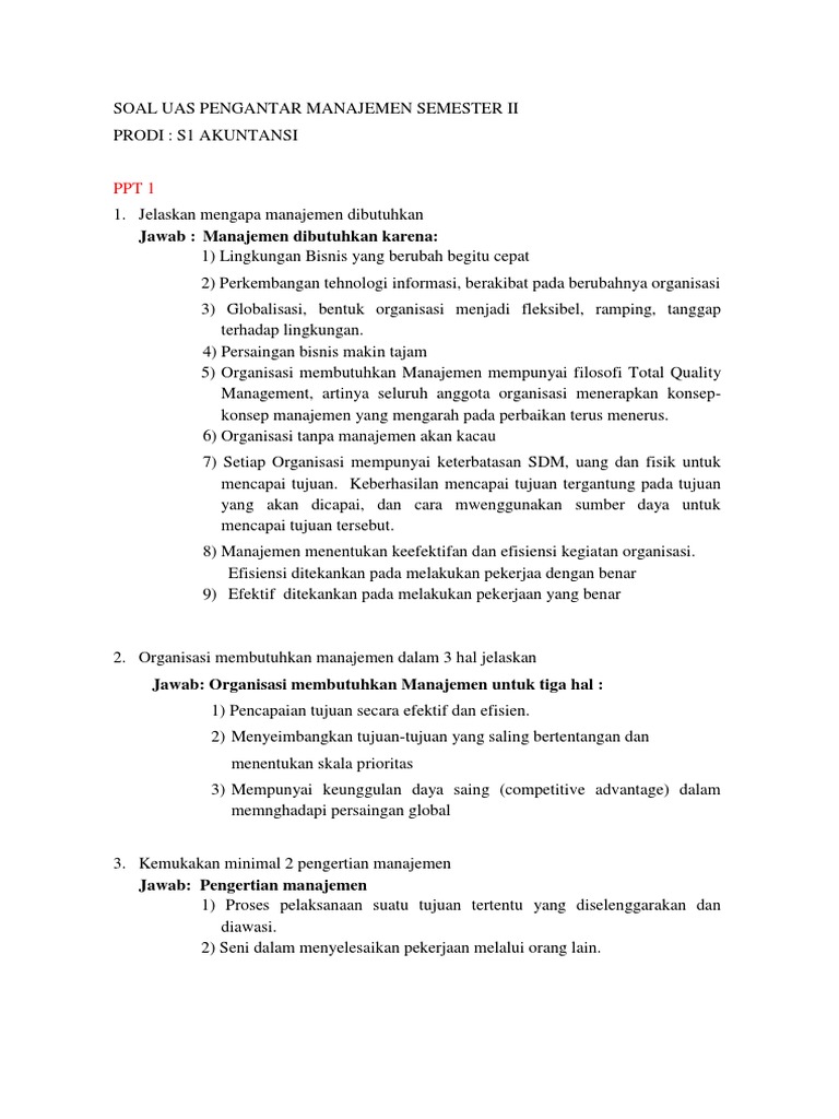 Soal Uas Pengantar Manajemen Semester II Soal Uas Pengantar Manajemen Semester II