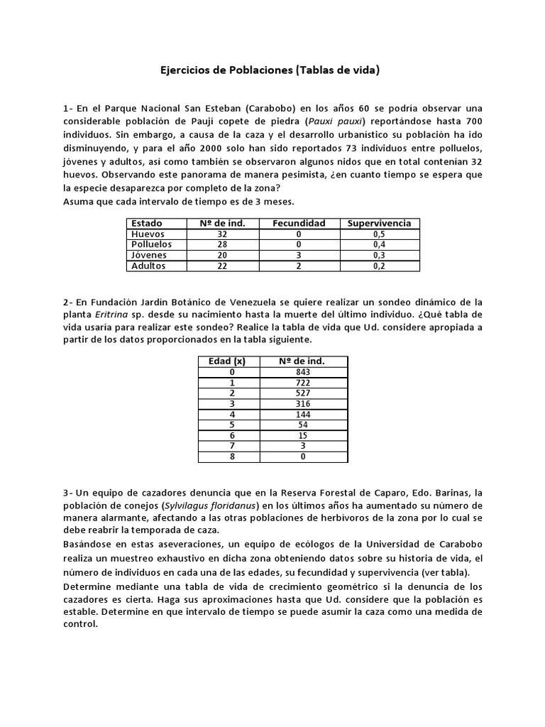 Ejercicios de Tablas de Vida PDF Organismos Naturaleza