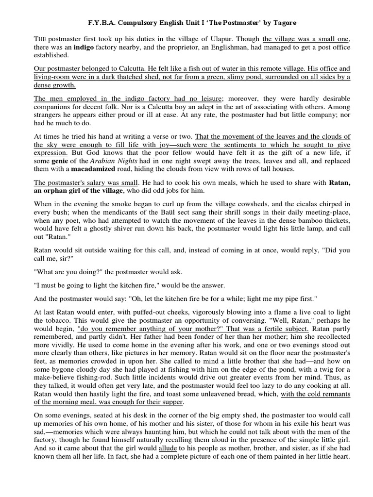 F.Y.B.A. Unit I-II The Postmaster Original Text | PDF | Jinn | Latin