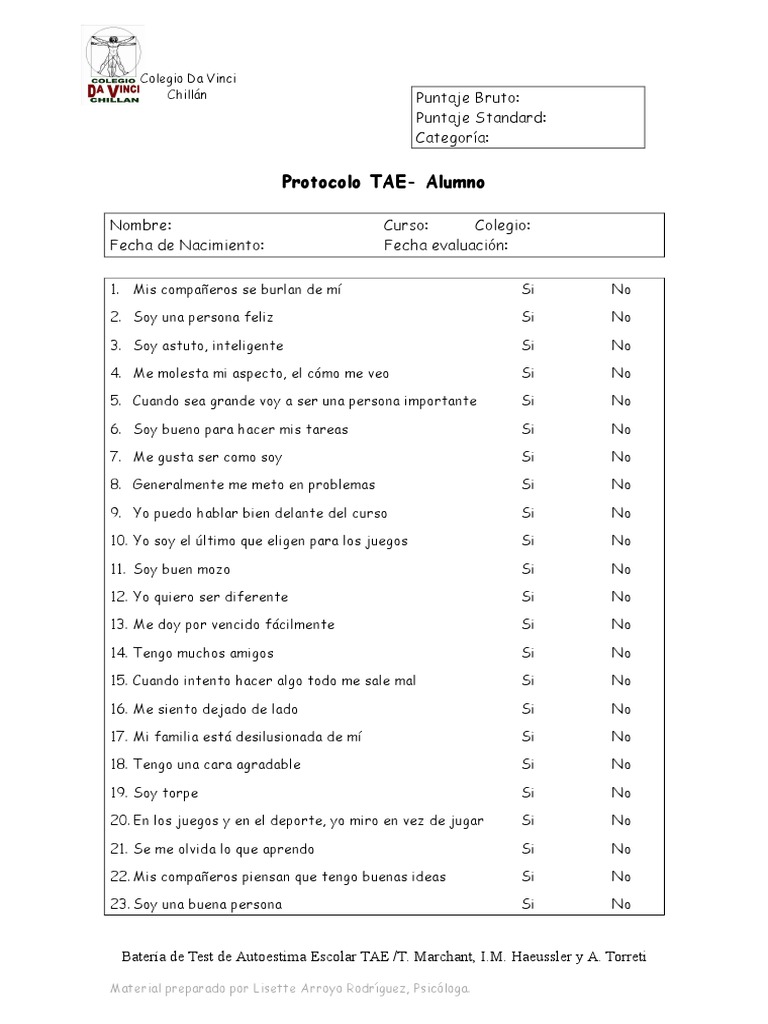 Test Autoestima Escolar TAE | PDF