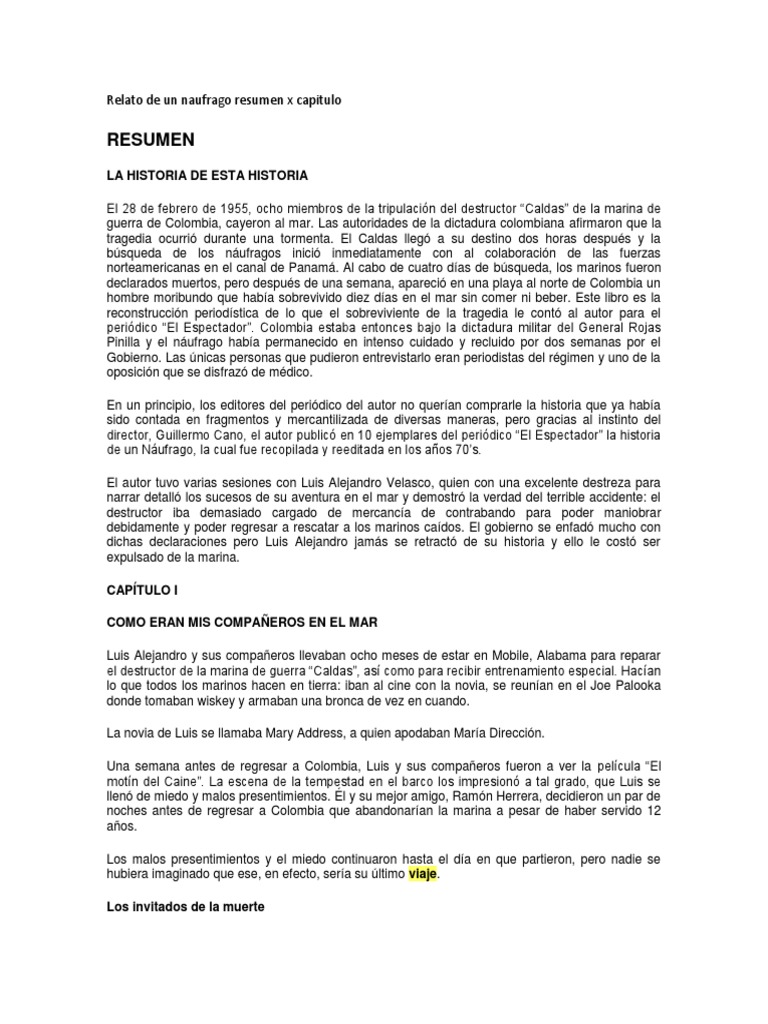Relato de Un Naufrago Resumen x Capitulo Peces Tiburones