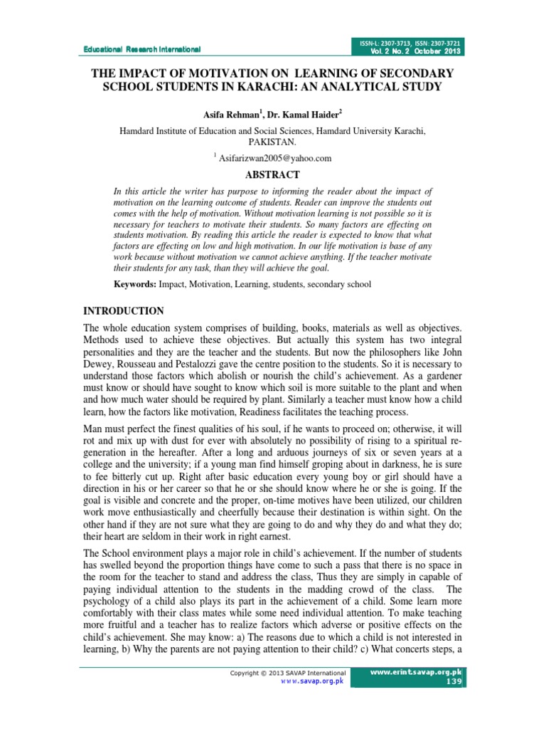 The Impact of Motivation On Learning of Secondary | PDF | Motivation ...