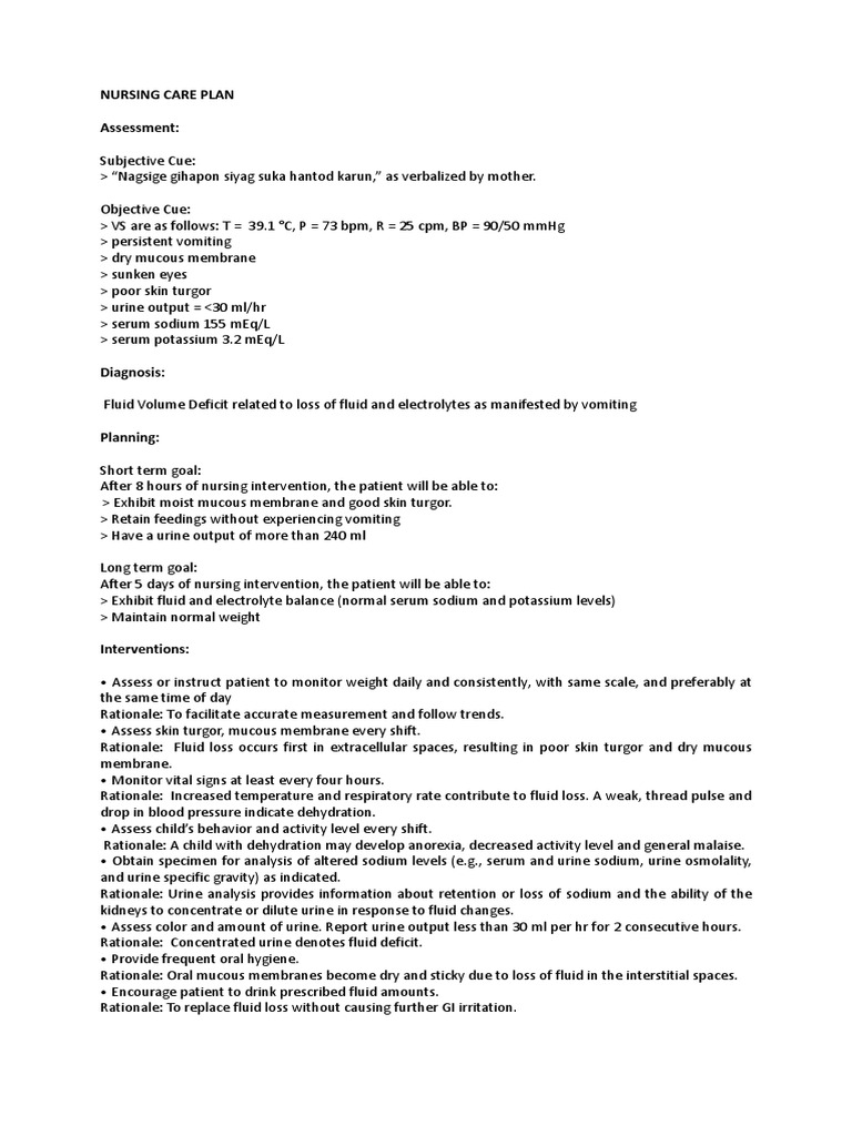 Nursing Care Plan for Fluid Deficit | PDF | Dehydration | Intravenous ...