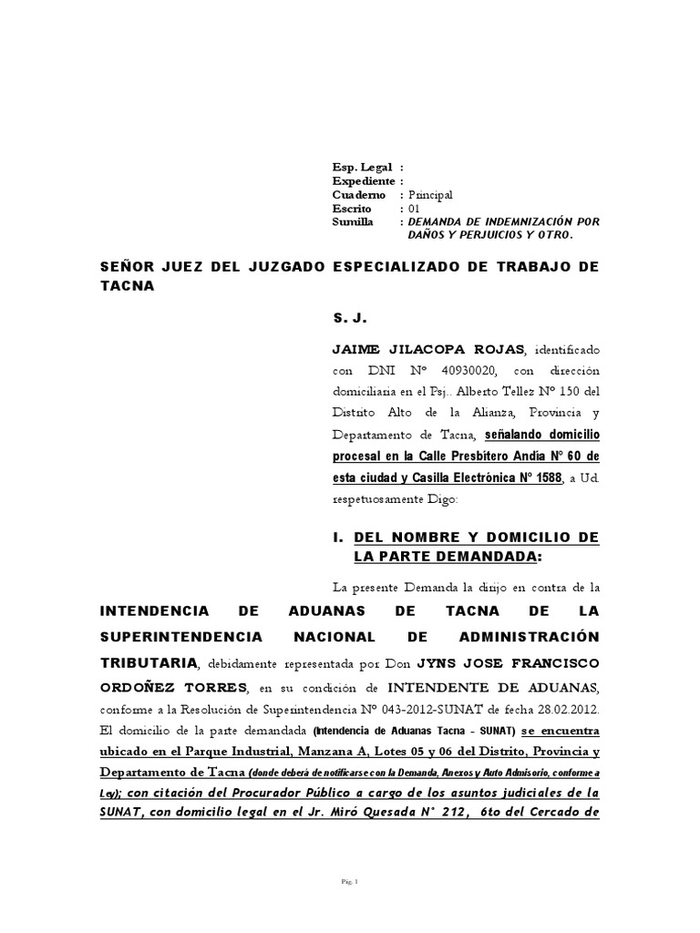 Jilacopa Rojas Demanda De Indemnizacion Por Danos Y Perjuicios Y Otro Bienes Ley Derecho Laboral