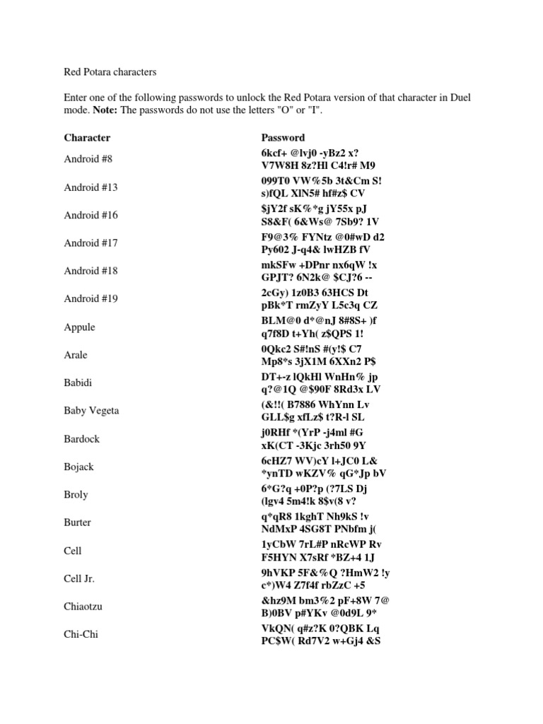 Red Potara Characters PDF Dragon Ball