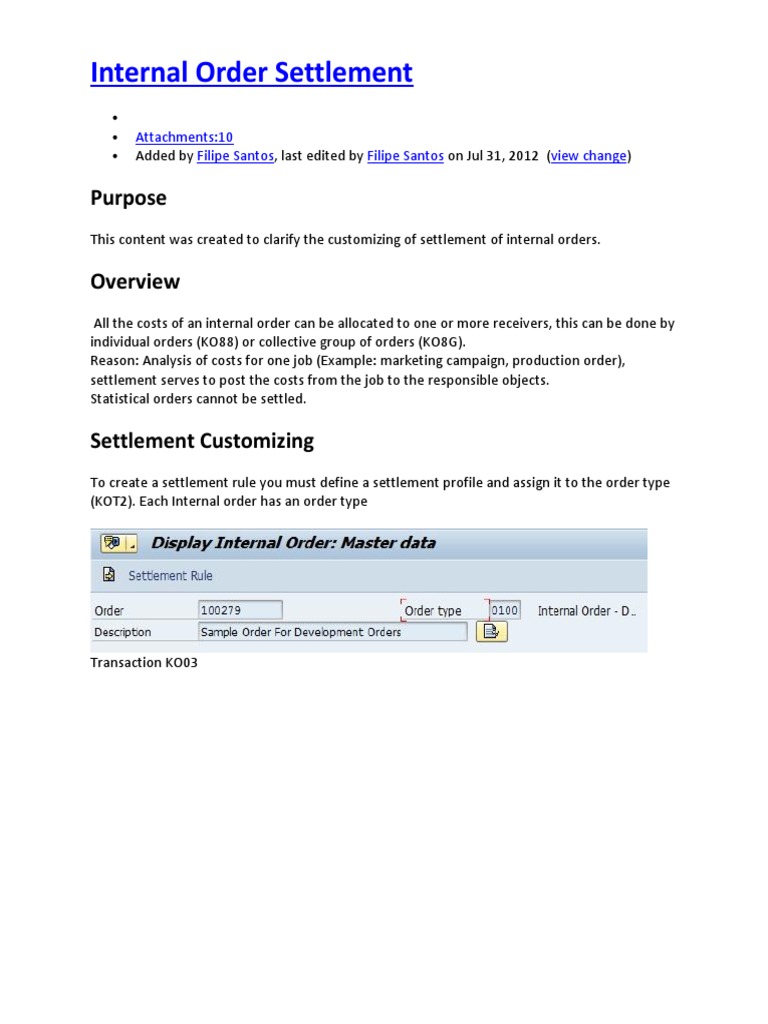 Internal Order Settlement in SAP Guide | PDF | Computer Programming ...