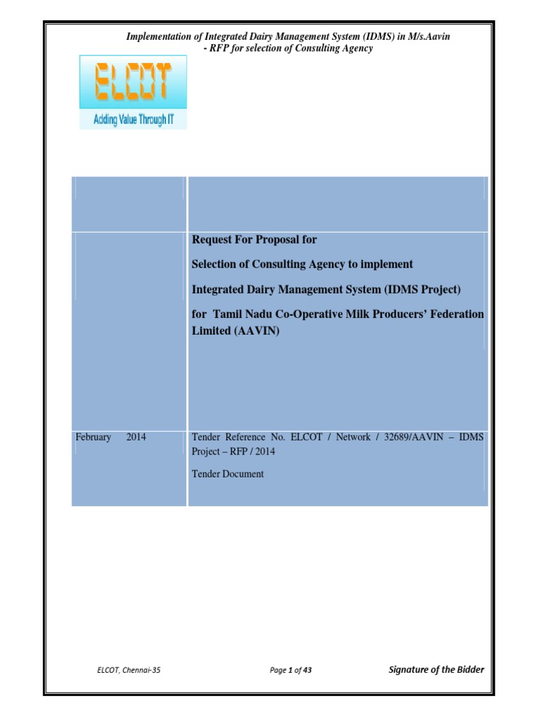 Aavin IDMS Project RFP Document | PDF | Dairy | Request For Proposal