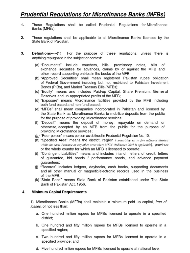 Prudential Regulations For Microfinance Banks (MFBS) | PDF | Capital ...