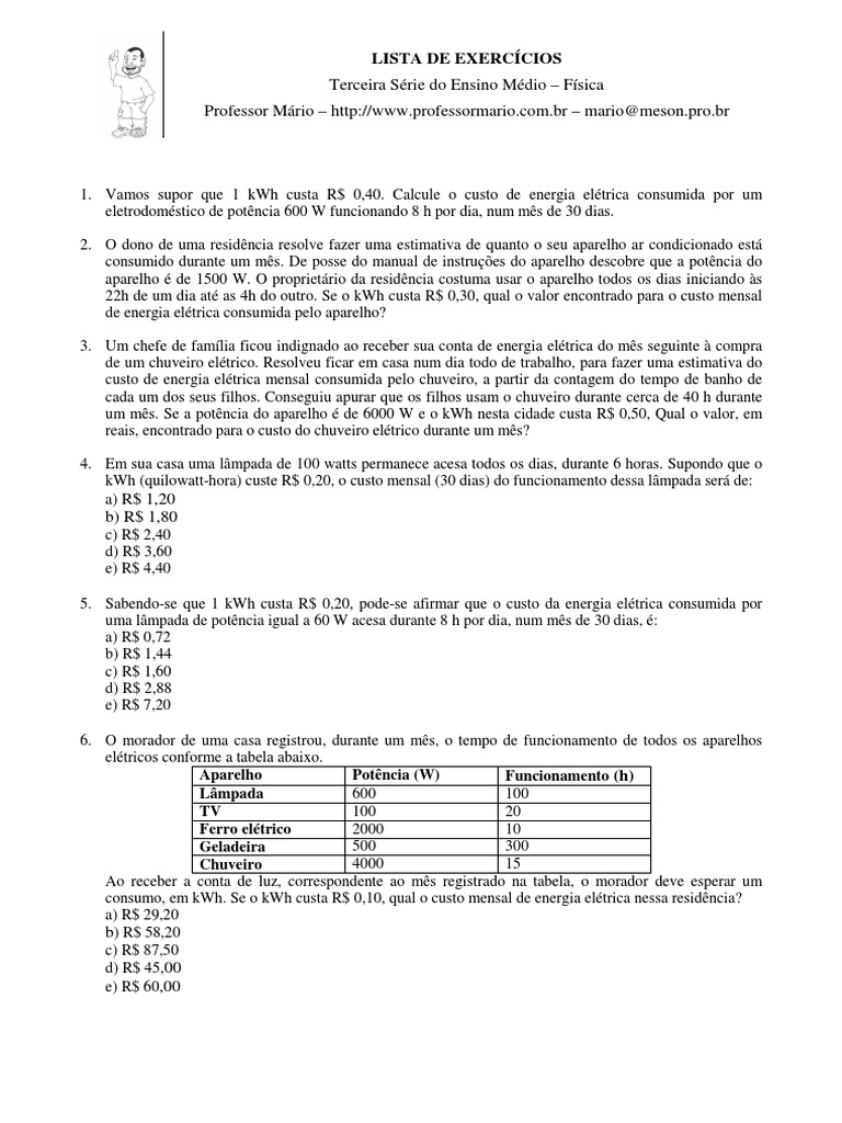 Exercícios sobre Consumo de Energia Elétrica | PDF | Chuveiro ...