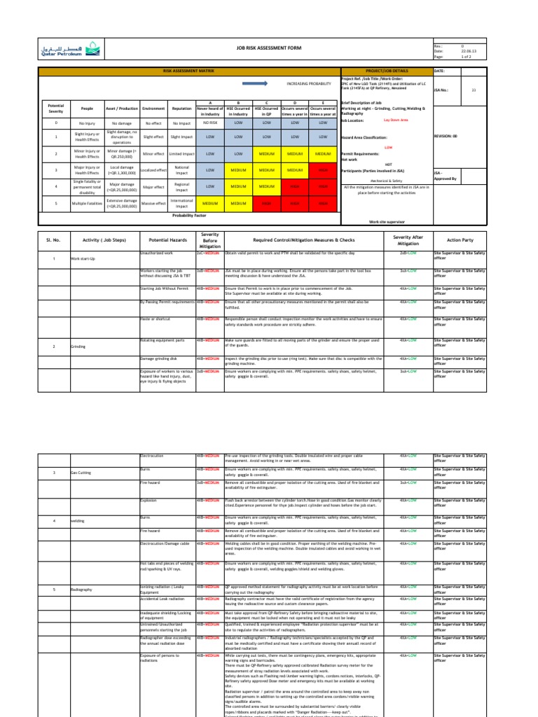 Night Work Risk Assessment for Welding | PDF | Personal Protective ...