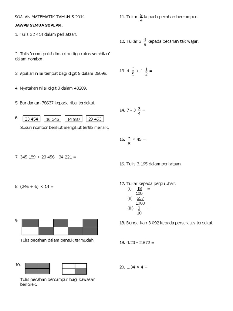 Soalan Matematik Tahun 5