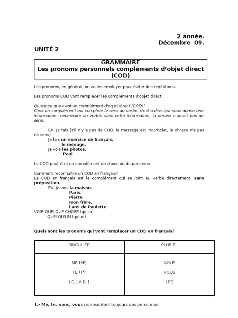 Remplacer Le Cod Par Un Pronom Personnel Exercices Pdf Les Pronoms Cod | PDF | Genre grammatical | Nombre grammatical
