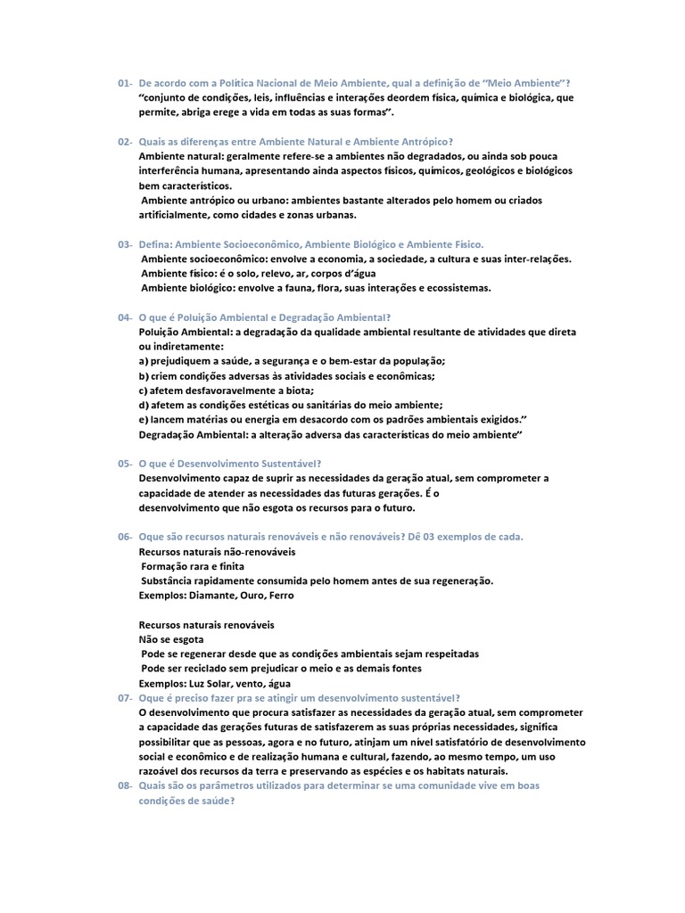 Perguntas e Respostas Meio Ambiente.pdf | Ciclo da Água | Ambiente Natural
