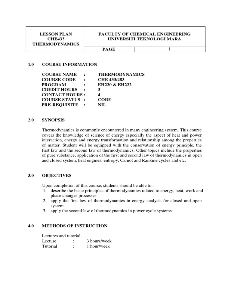 Lesson Plan CHE433 - 030314 | PDF | Entropy | Heat