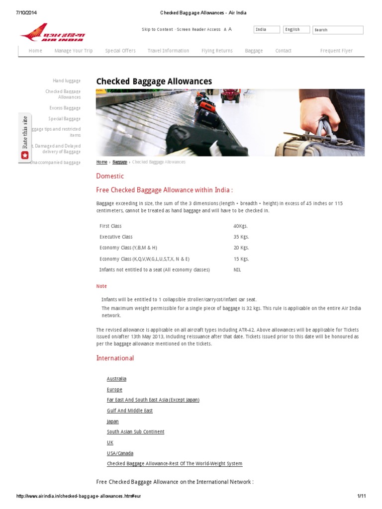 Checked Baggage Allowances Air India Baggage Aviation