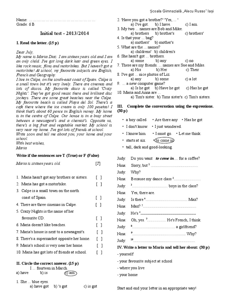 Sixth Grade English Initial Test 2013 | PDF | Leisure | Entertainment ...
